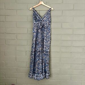 Blue Boho Maxi Dress XS Sleeveless V-Neck Floral Print Summer Festival